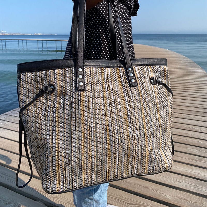 Unika taske i håndvævet bomuld og sort læder - Billede 3